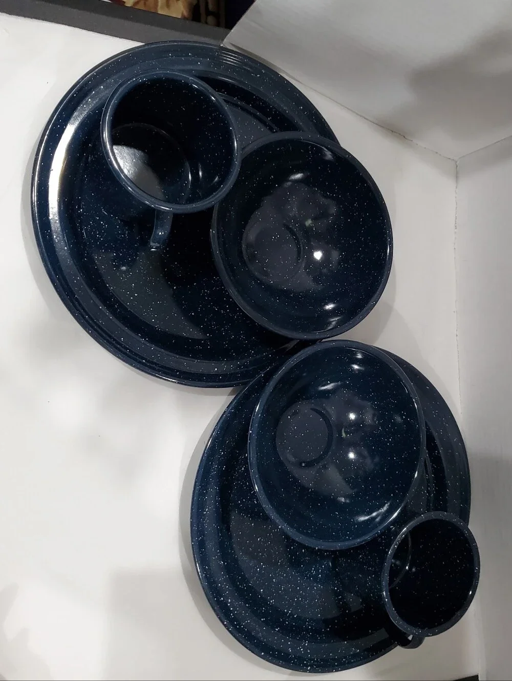 Coleman?  Blue Speckled Set of 6  Plates (2) Bowks (2) Cups (2) L👀k Vintage